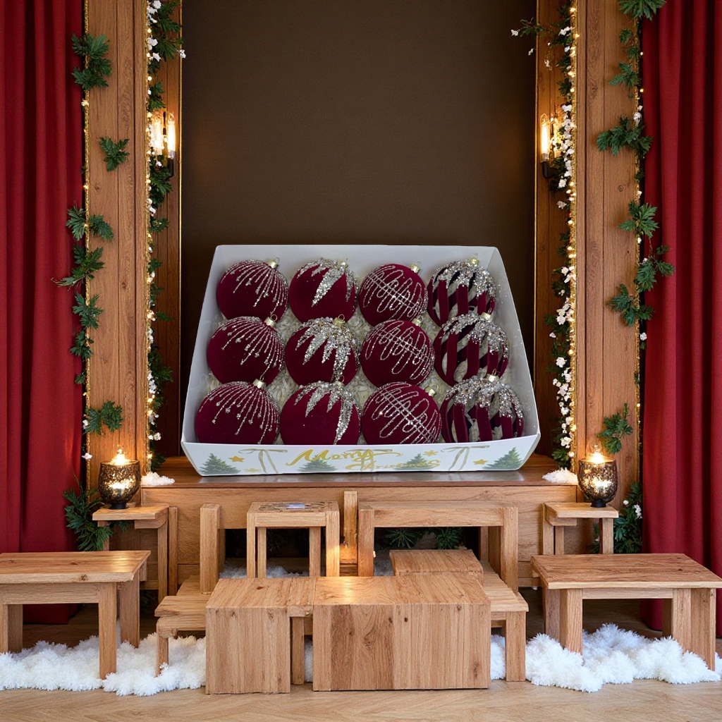 跨境新款丝绒圣诞球套装圣诞节橱窗植绒球圣诞树装饰彩绘球挂饰