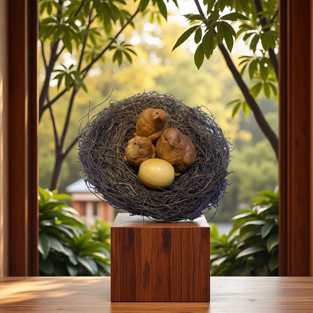 Six artificial bird nests made of cliff cypress wood carvings, Buddhist ornaments and handicrafts details Picture