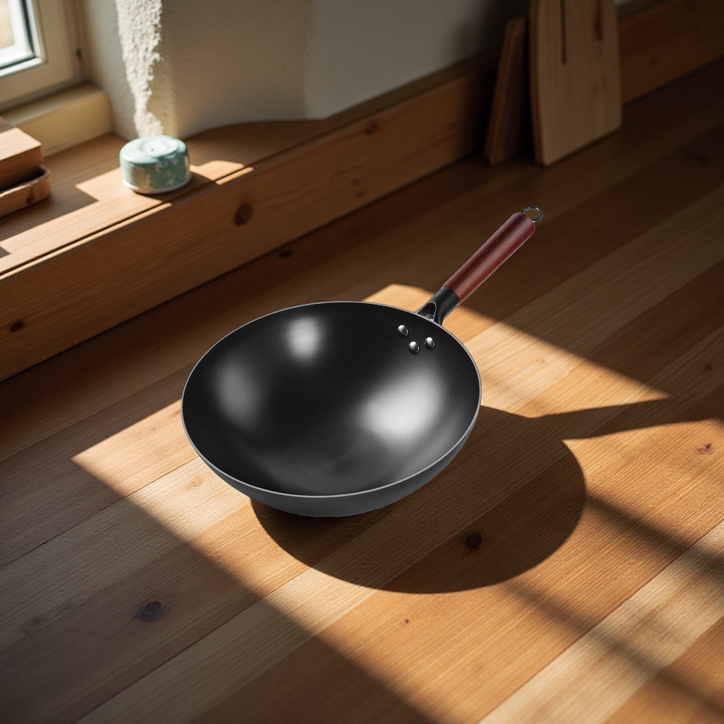 Old-fashioned round-bottom iron wok with a tip of the tongue, anti-slip bottom household cooking wok, uncoated nitrided cooked iron wok