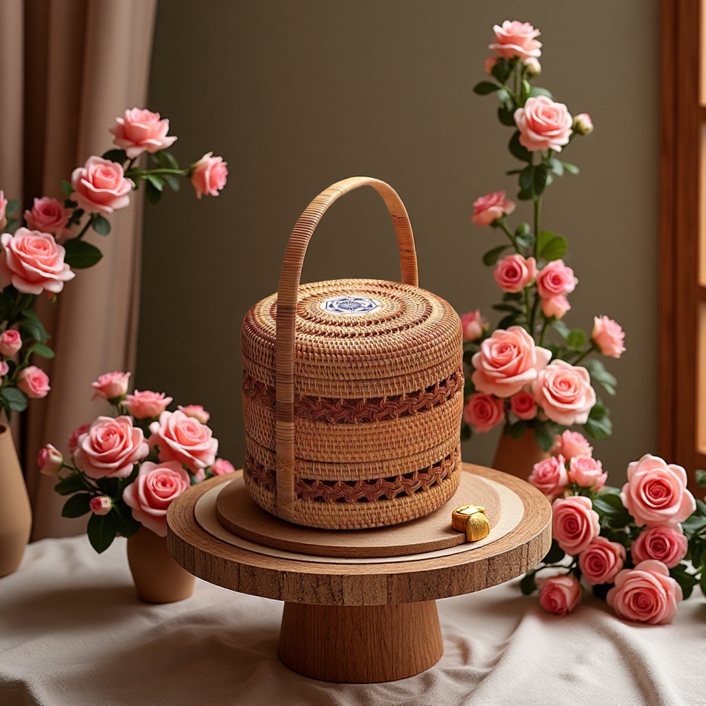 越南进口天然纯手工圆柱形单提手双层点心篮