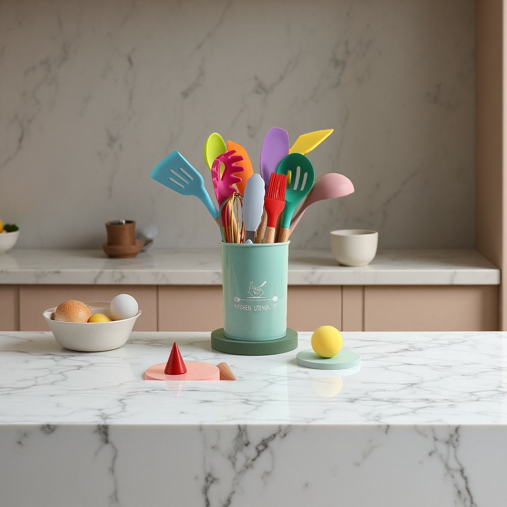 亚马逊厨房彩色12件套耐热硅胶厨具套装适用不粘锅烹饪