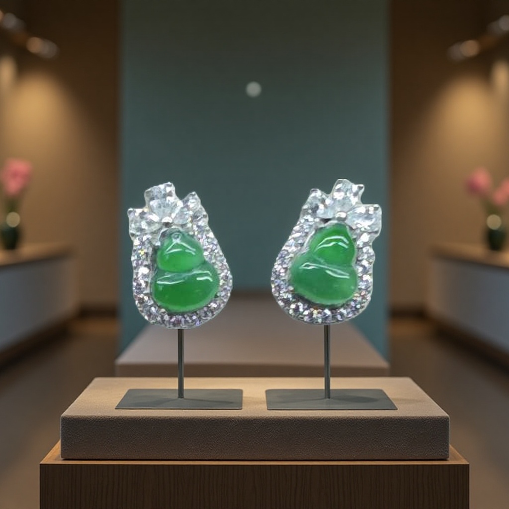 和田玉耳钉加银镀金细节图