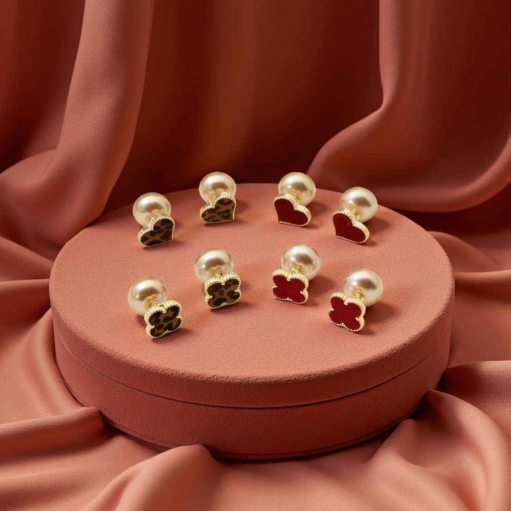 珍珠豹纹植绒四叶草爱心两戴耳钉轻奢优雅温柔百搭耳环高级感耳饰