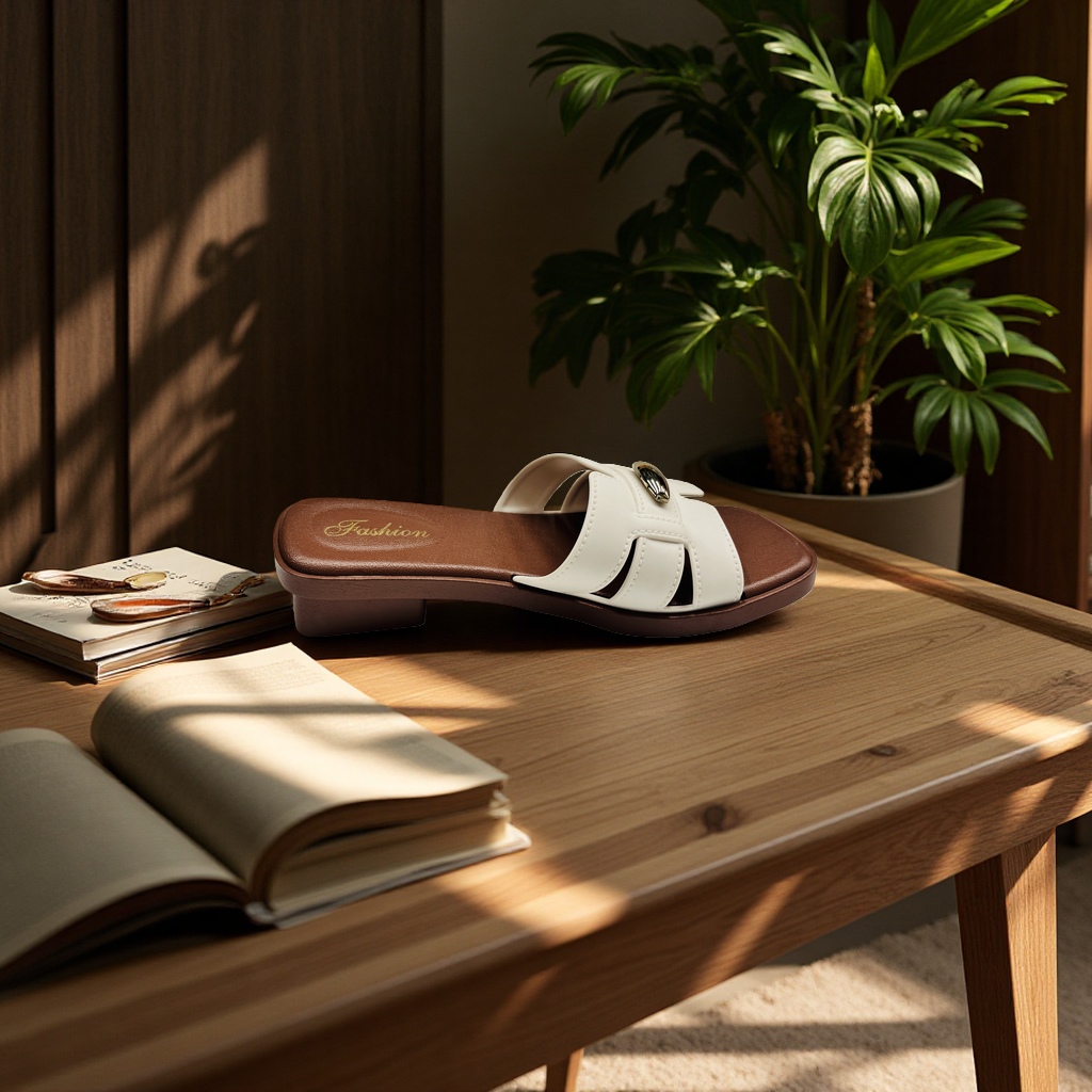 Women's outerwear flip-flops, with a wide beige surface and metal buckle design, paired with a brown soft sole, are simple, fashionable and comfortable. details Picture