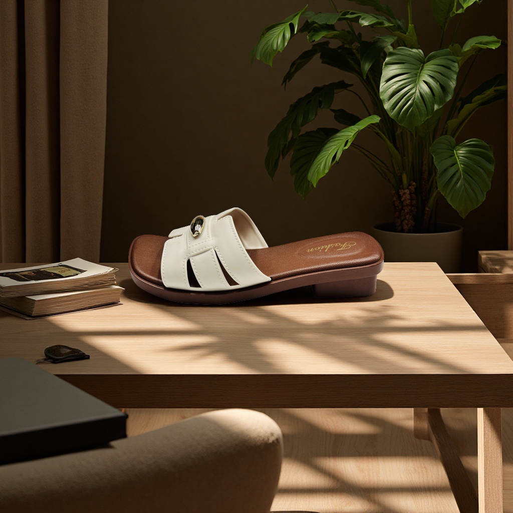 Women's outerwear flip-flops, with a wide beige surface and metal buckle design, paired with a brown soft sole, are simple, fashionable and comfortable. Specification image