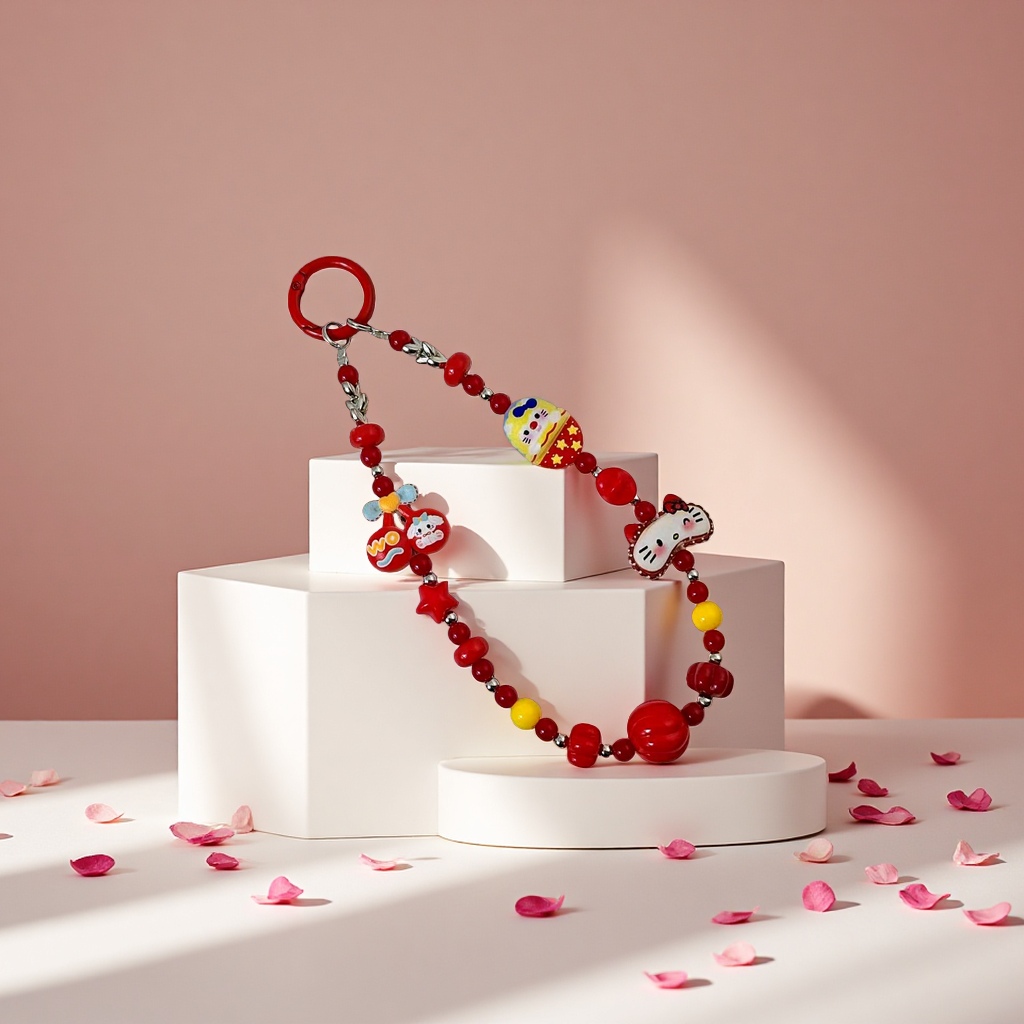 ins少女心可爱卡通棉拖小猫亚克力串珠手机链钥匙扣个性挂件包包细节图