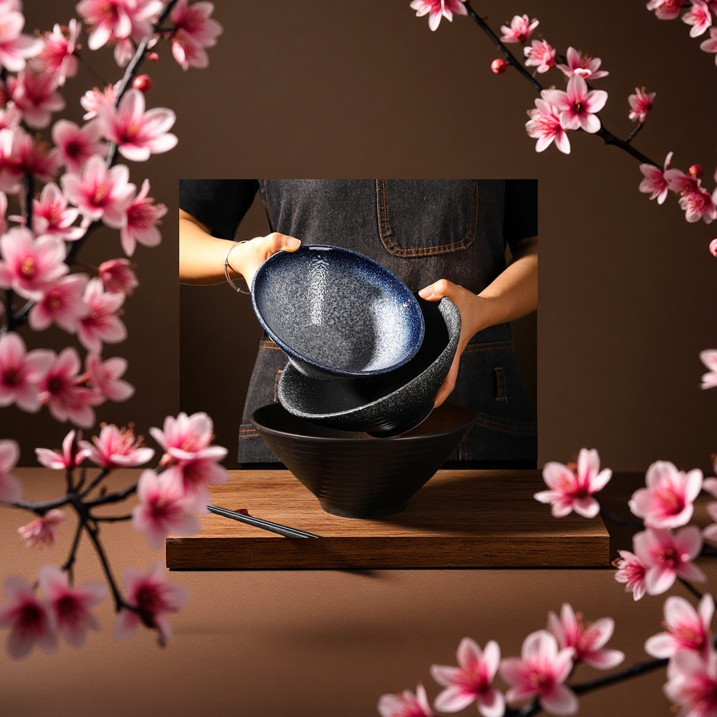 Japanese large ramen bowl, ceramic soup bowl, creative tableware set, commercial douwan details Picture