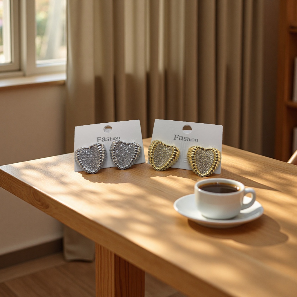 时尚大气爱心耳钉边缘镜面铮亮中间细小锆石镶嵌耳饰