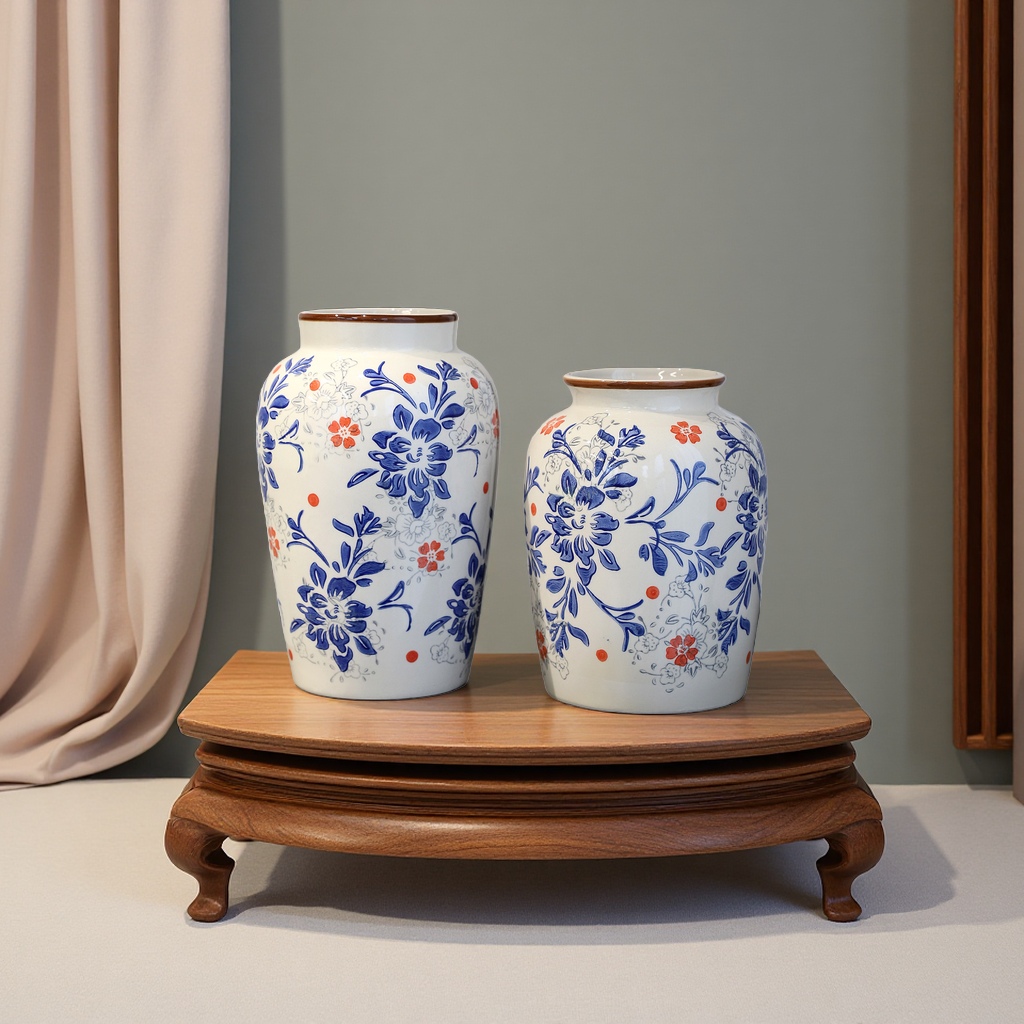 Azul y azul porcelana pintada a mano nuevo chino retro peonía jarrón de cerámica alta apariencia horizontal sala de estar basalto arreglo de flores arreglo de flores details Picture
