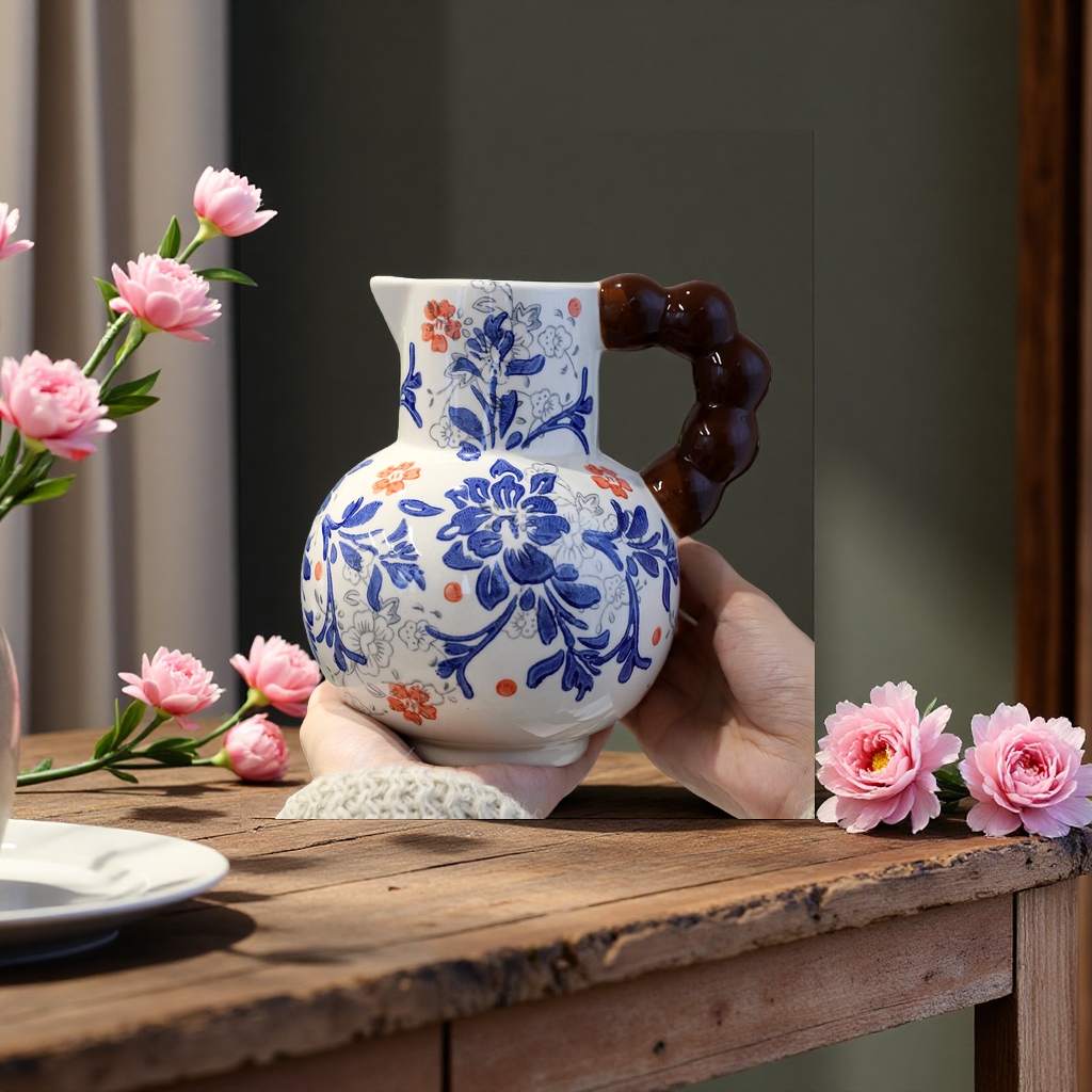 Azul y azul porcelana pintada a mano nuevo chino retro peonía jarrón de cerámica alta apariencia horizontal sala de estar basalto arreglo de flores arreglo de flores Specification image