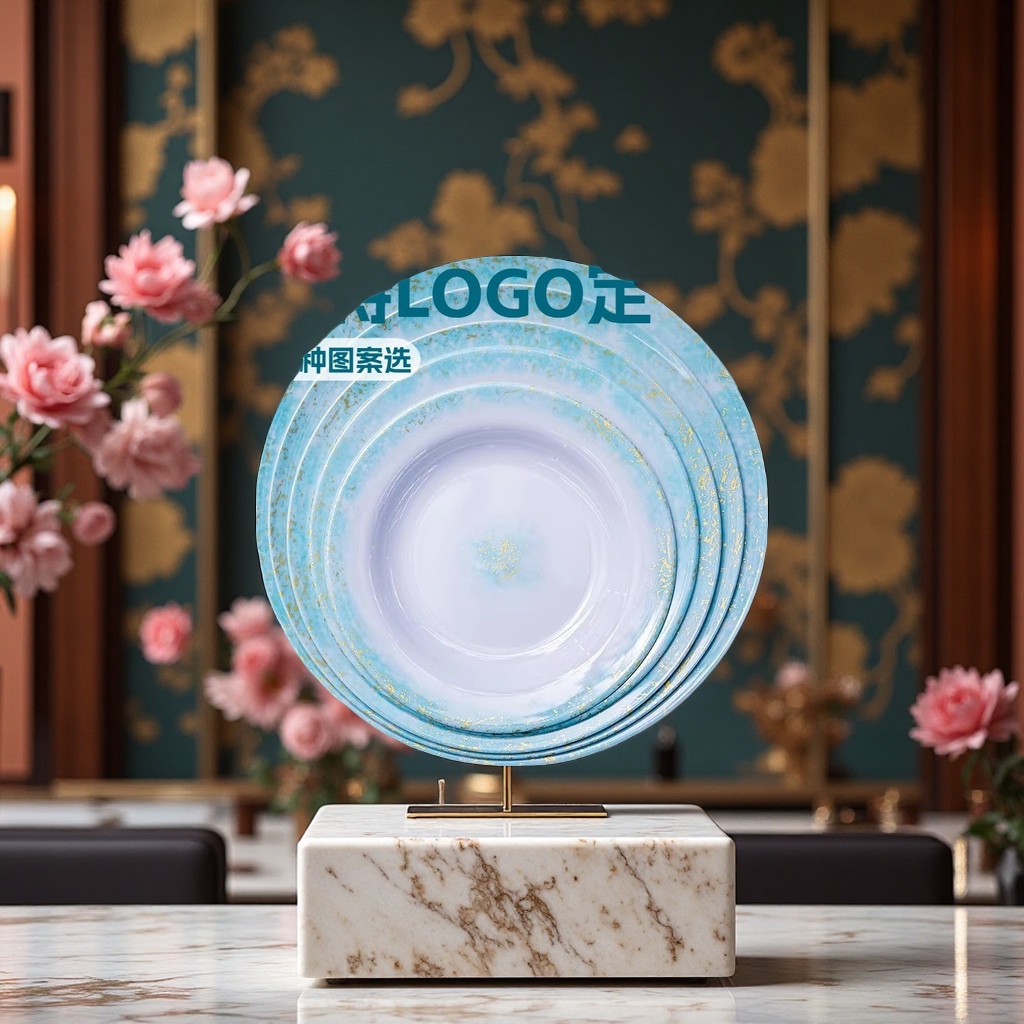 密胺蓝金纹圆盘中西餐厅餐具酒店摆盘支持LOGO定制多尺寸可选