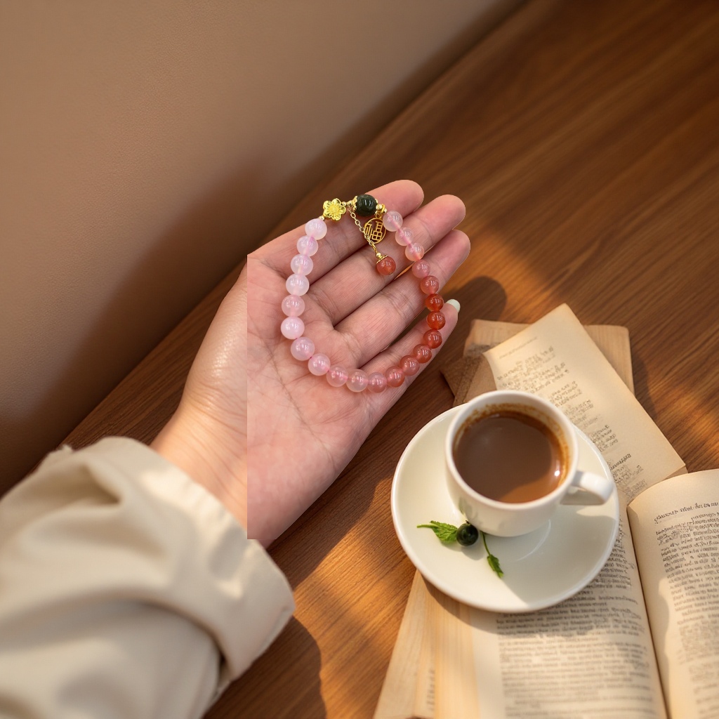 桃雾南红春禧渐变色手链天然玉石饰品