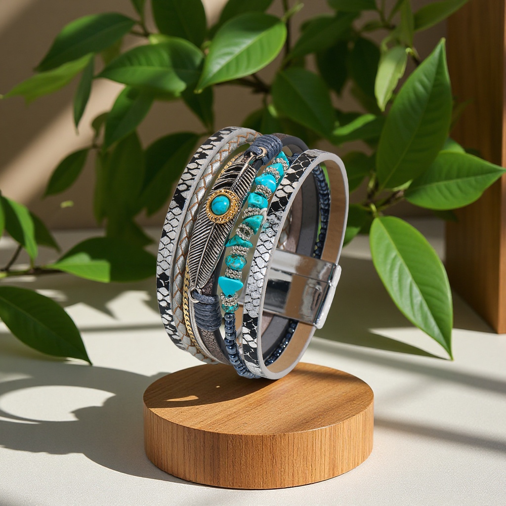 跨境翡翠波西米亚碎石羽毛手链复古绿松石磁铁扣手镯