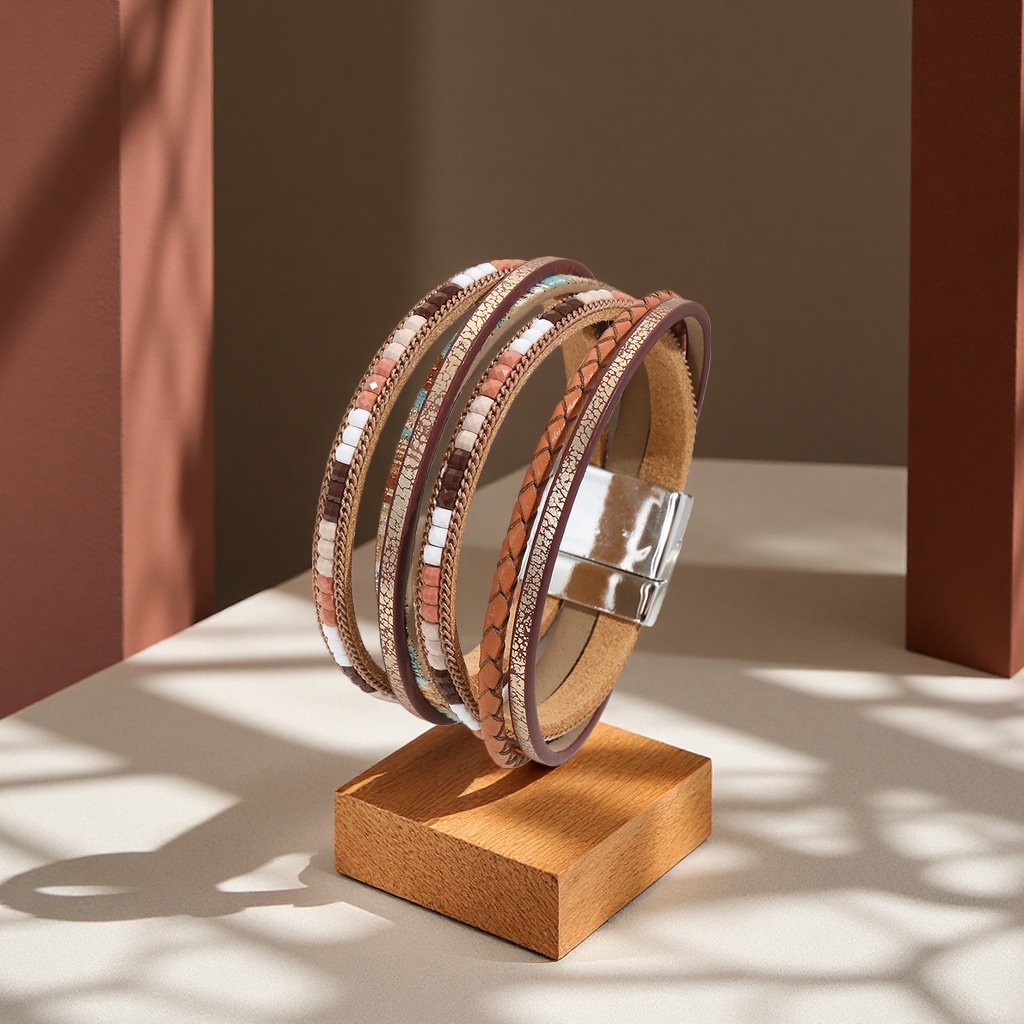 欧美跨境波西米亚风磁吸扣皮革手镯百搭女士多层缠绕手饰手绳