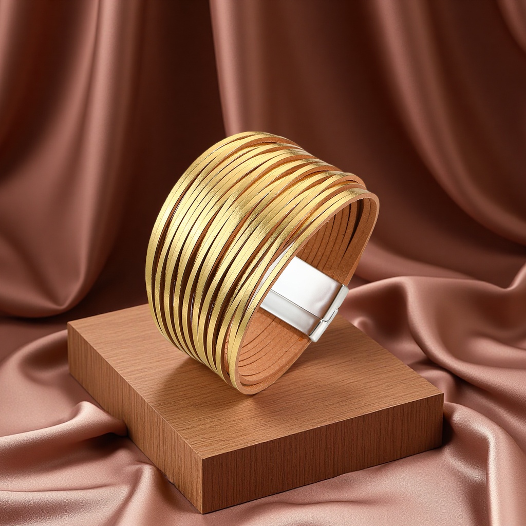 新款亚马逊多条渐变男手环皮绳混色百搭女士PU皮革皮手链磁扣手镯