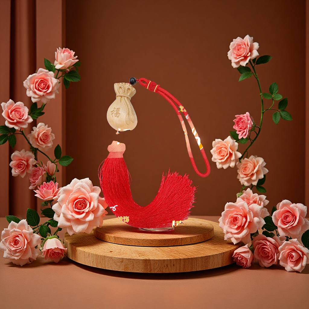 黄杨木福袋汽车挂件大红流苏装饰