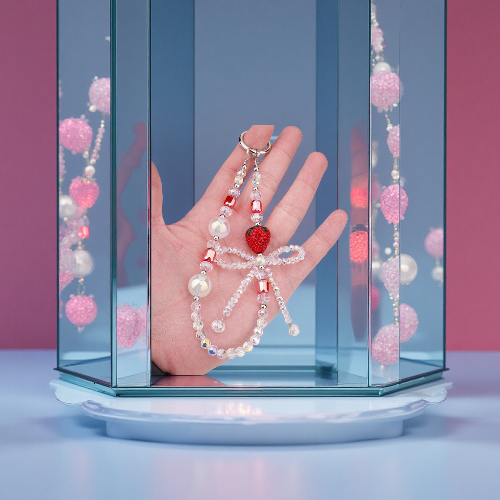 爆闪水钻水晶草莓蝴蝶结手机链带扣钥匙包包串珠挂链手机挂绳挂饰