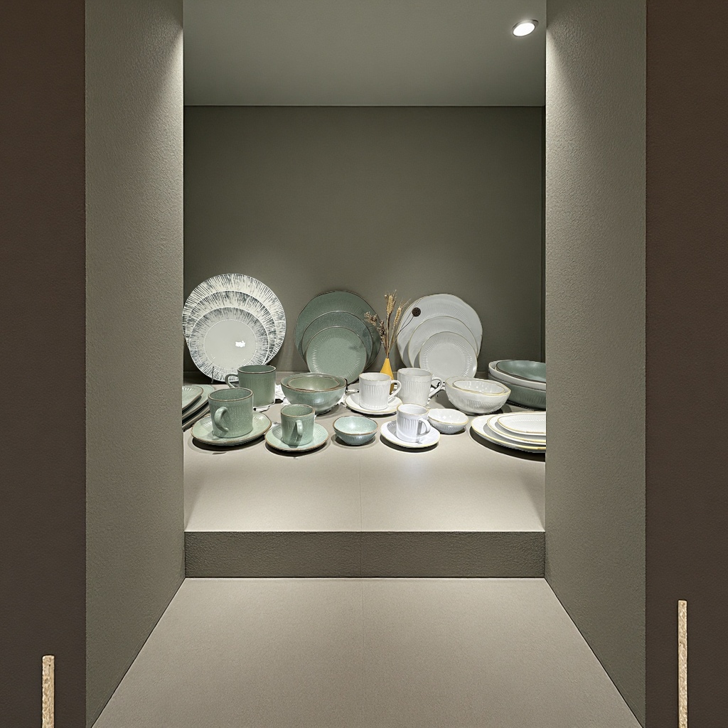 The 2026 new rock-fired series features green and white lotus mouth shallow plates, dain-shaped plates, coffee cups, saucers and bowls, and high-end matte tableware Item Picture