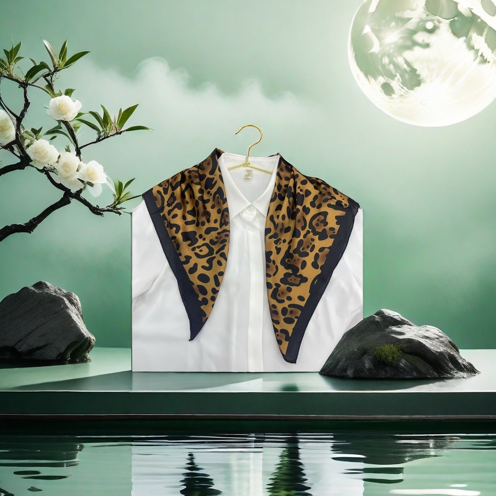 The leopard print pattern silk scarf is a high-end, fashionable and elegant women's scarf, simple and versatile details Picture