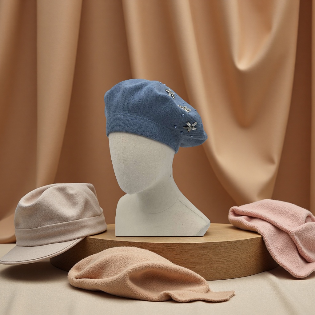 Handmade rhindiamond and cashmere blended double-layer beret cap for women's winter, versatile knitted woolen cap for autumn and winter, custom-made for export in color and style