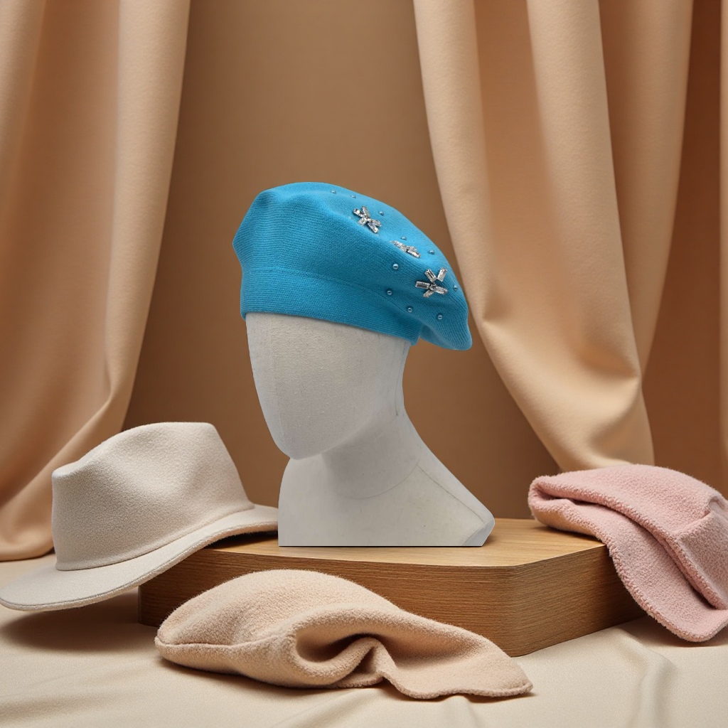 Handmade rhindiamond and cashmere blended double-layer beret cap for women's winter, versatile knitted woolen cap for autumn and winter, custom-made for export in color and style details Picture
