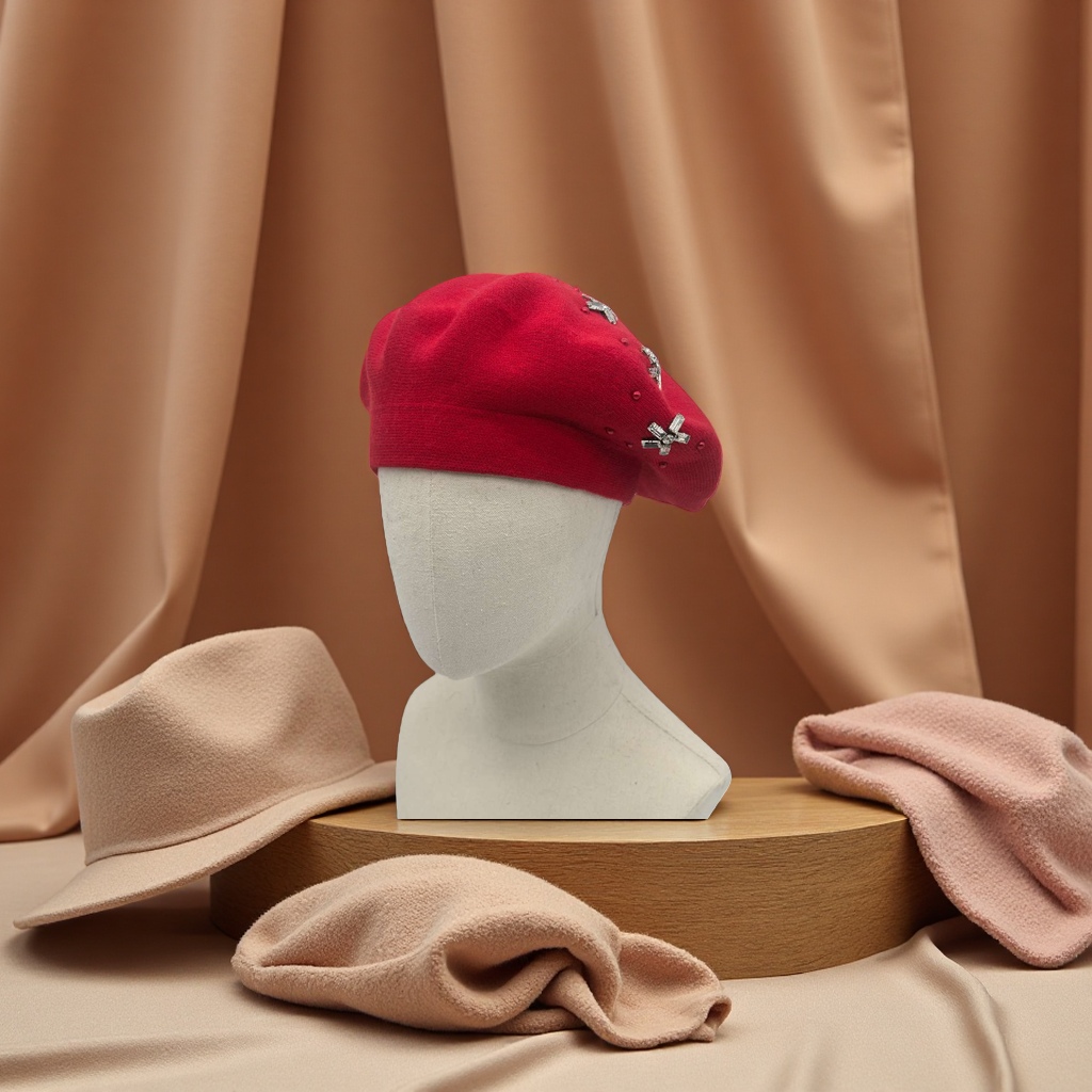 Handmade rhindiamond and cashmere blended double-layer beret cap for women's winter, versatile knitted woolen cap for autumn and winter, custom-made for export in color and style Specification image