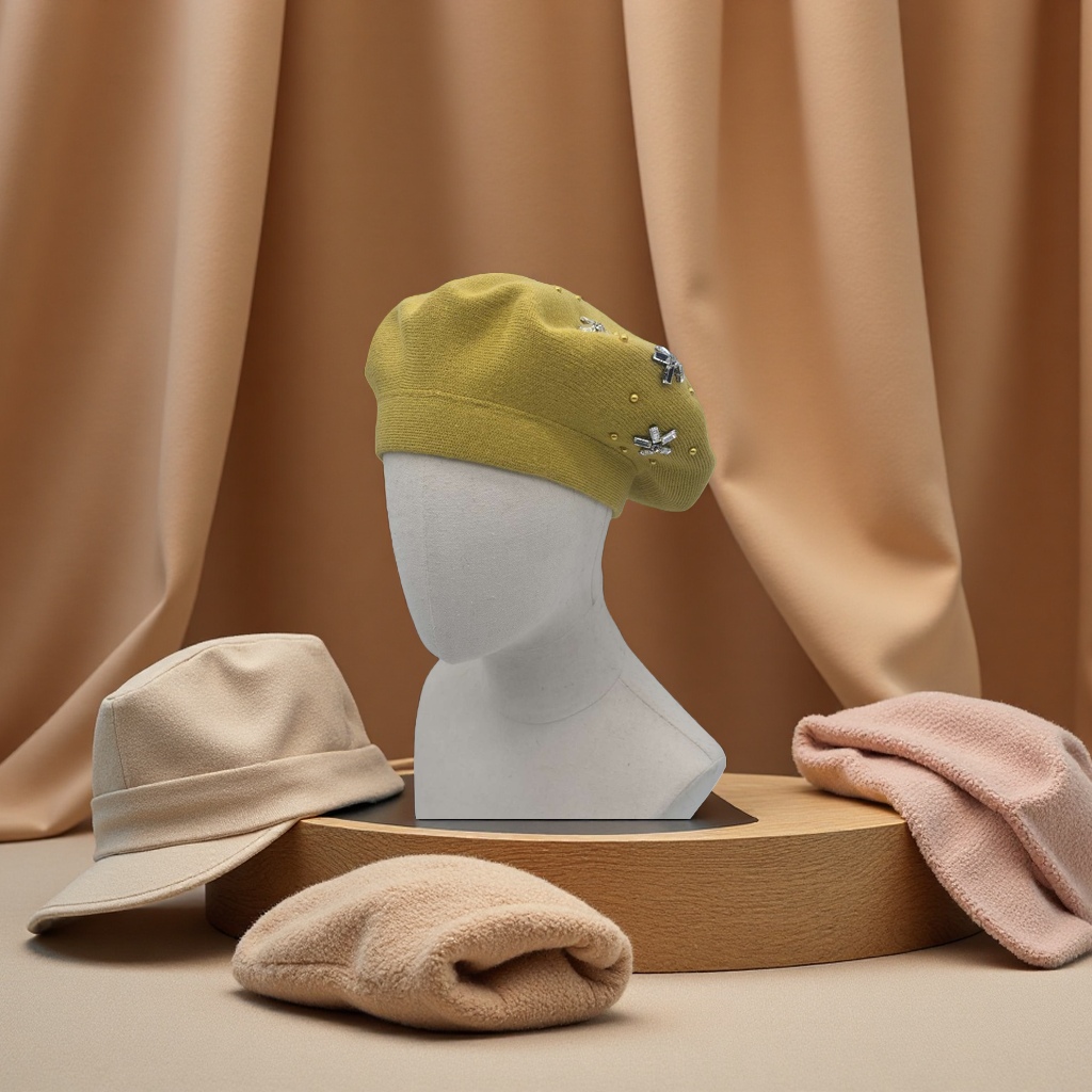 Handmade rhindiamond and cashmere blended double-layer beret cap for women's winter, versatile knitted woolen cap for autumn and winter, custom-made for export in color and style Application Scenario