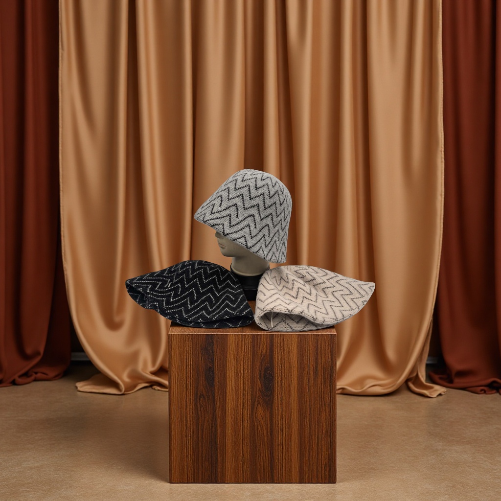 羊毛针织水桶帽针织盆帽提花波浪图案渔夬帽女士冬季百搭针织毛线帽