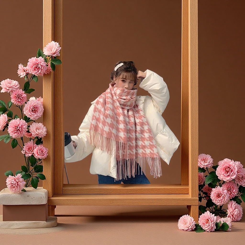 The winter thousand-bird check warm scarf is thickened, windproof, breathable, soft and comfortable details Picture