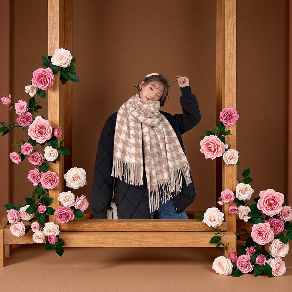 The winter thousand-bird check warm scarf is thickened, windproof, breathable, soft and comfortable Item Picture