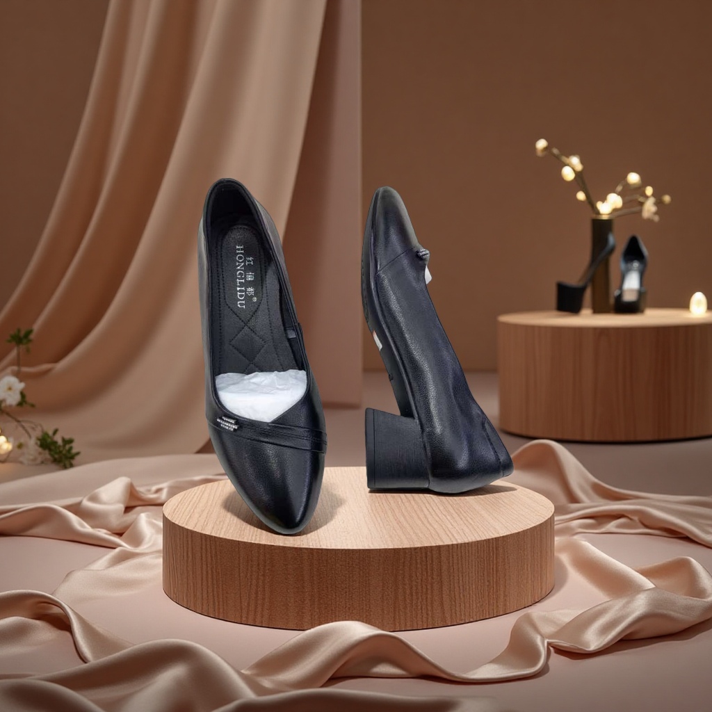 Women's leather casual, fashionable and simple design soft-soled black single shoes details Picture
