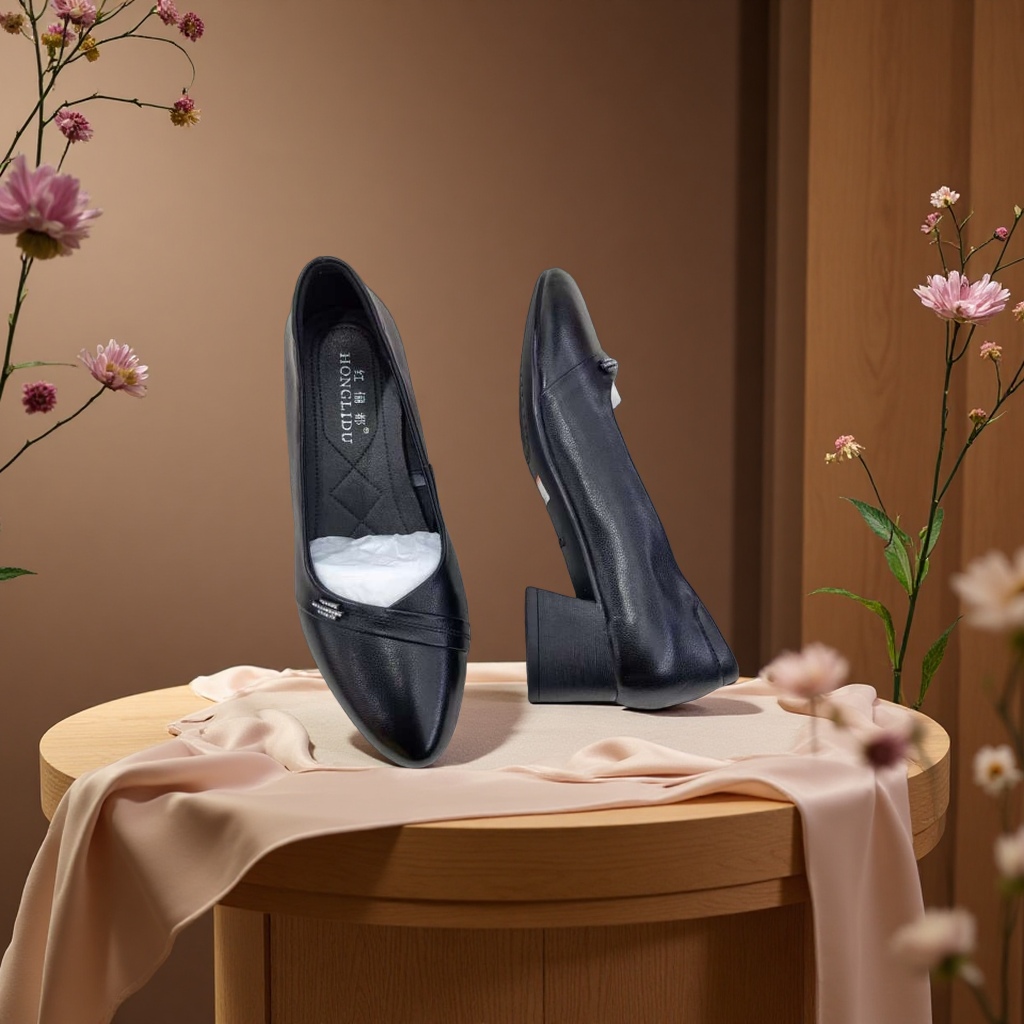 Women's leather casual, fashionable and simple design soft-soled black single shoes Specification image