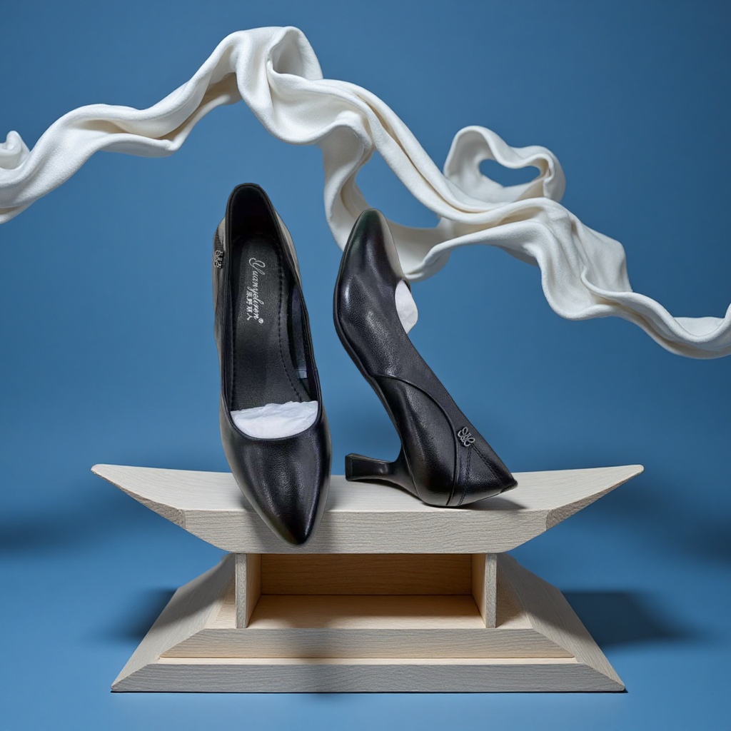 Women's leather simple and fashionable soft-soled black single shoes Specification image