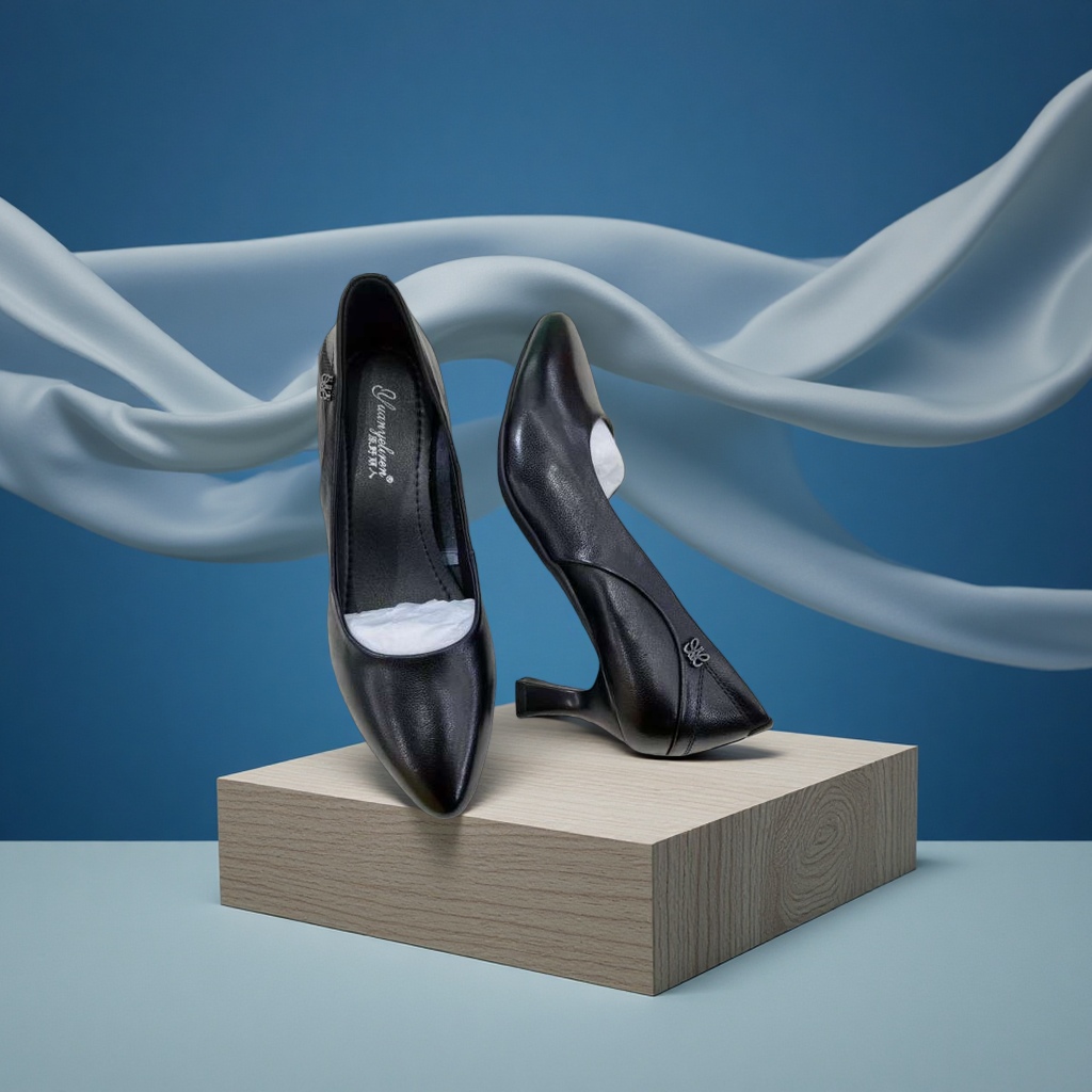 Women's leather simple and fashionable soft-soled black single shoes details Picture