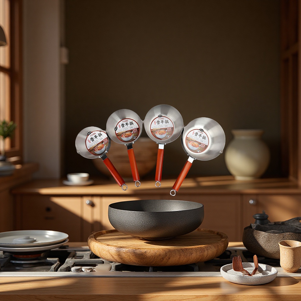 Japanese snow flat pot, stainless steel milk pot, wooden handle, Japanese soup pot, household non-stick noodle cooking pot, hot milk pot