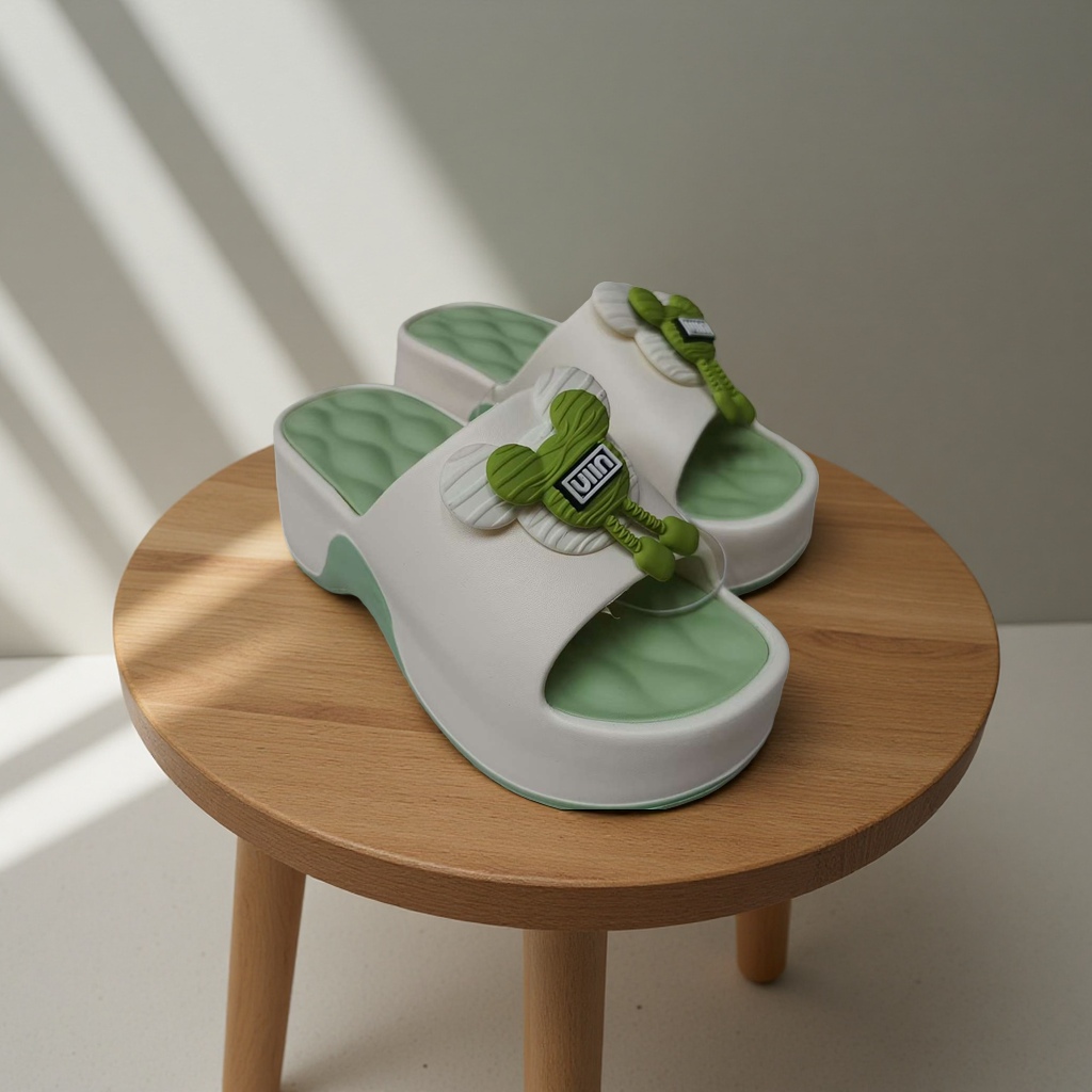 Summer home women's breathable, comfortable and anti-slip soft-soled slippers in thick-soled cartoon green Specification image