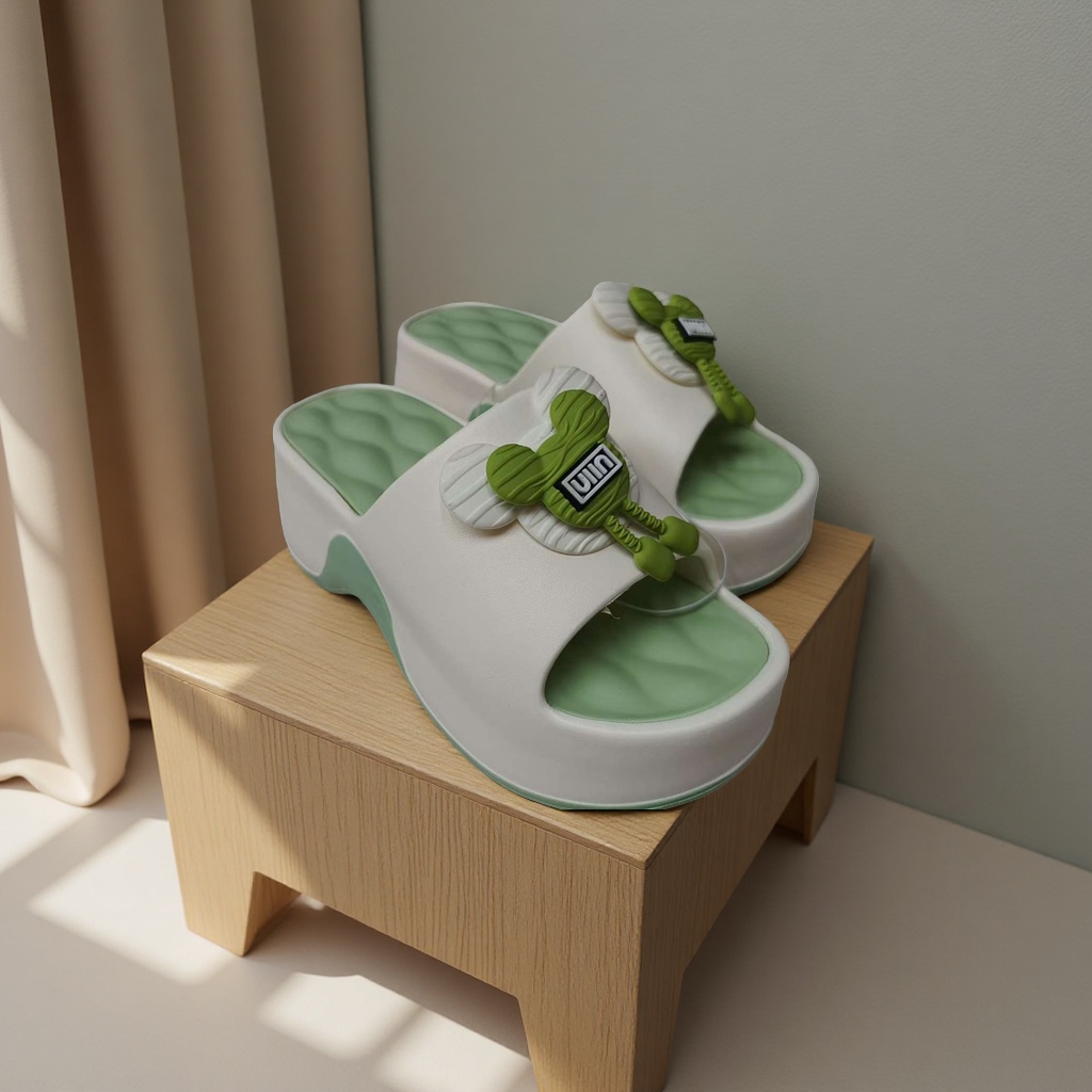 Summer home women's breathable, comfortable and anti-slip soft-soled slippers in thick-soled cartoon green details Picture