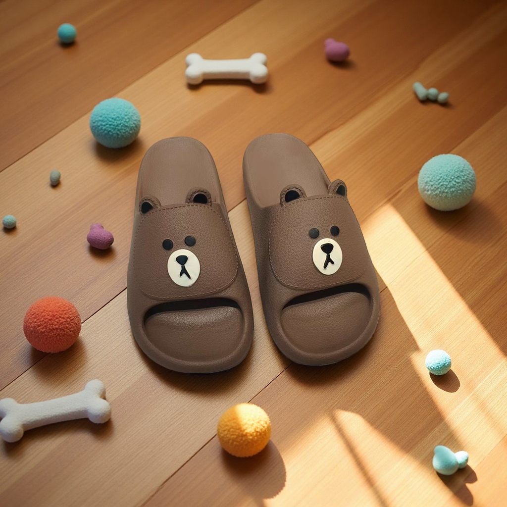 Summer home women's breathable, comfortable and anti-slip soft-soled slippers in coffee-colored bear style