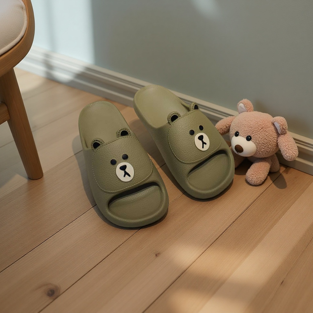 Summer home women's breathable, comfortable and anti-slip soft-soled slippers in green bear style Specification image