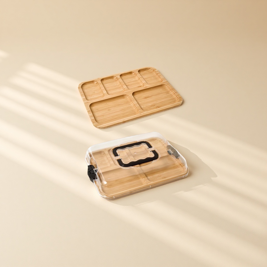 Bamboo compartments plate, home fruit and snack platter, living room with transparent storage box, dried fruit plate