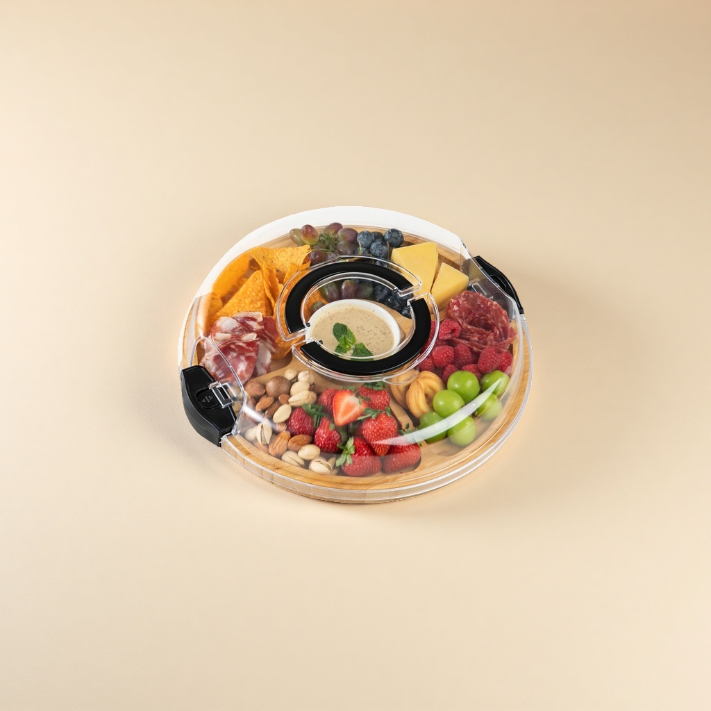 Cross-border in-stock bamboo round transparent cover cutting board, cooked food, fruit and pastry plates, party vegetable and cheese plates Application Scenario