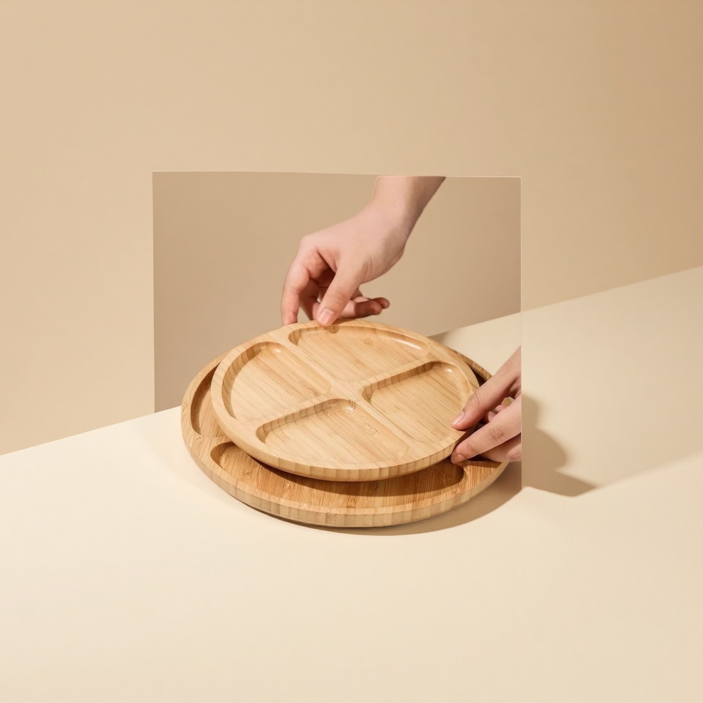 Bamboo and wood bread display plate, dust cover, food and pastry tray with transparent lid, round fruit tasting box Application Scenario
