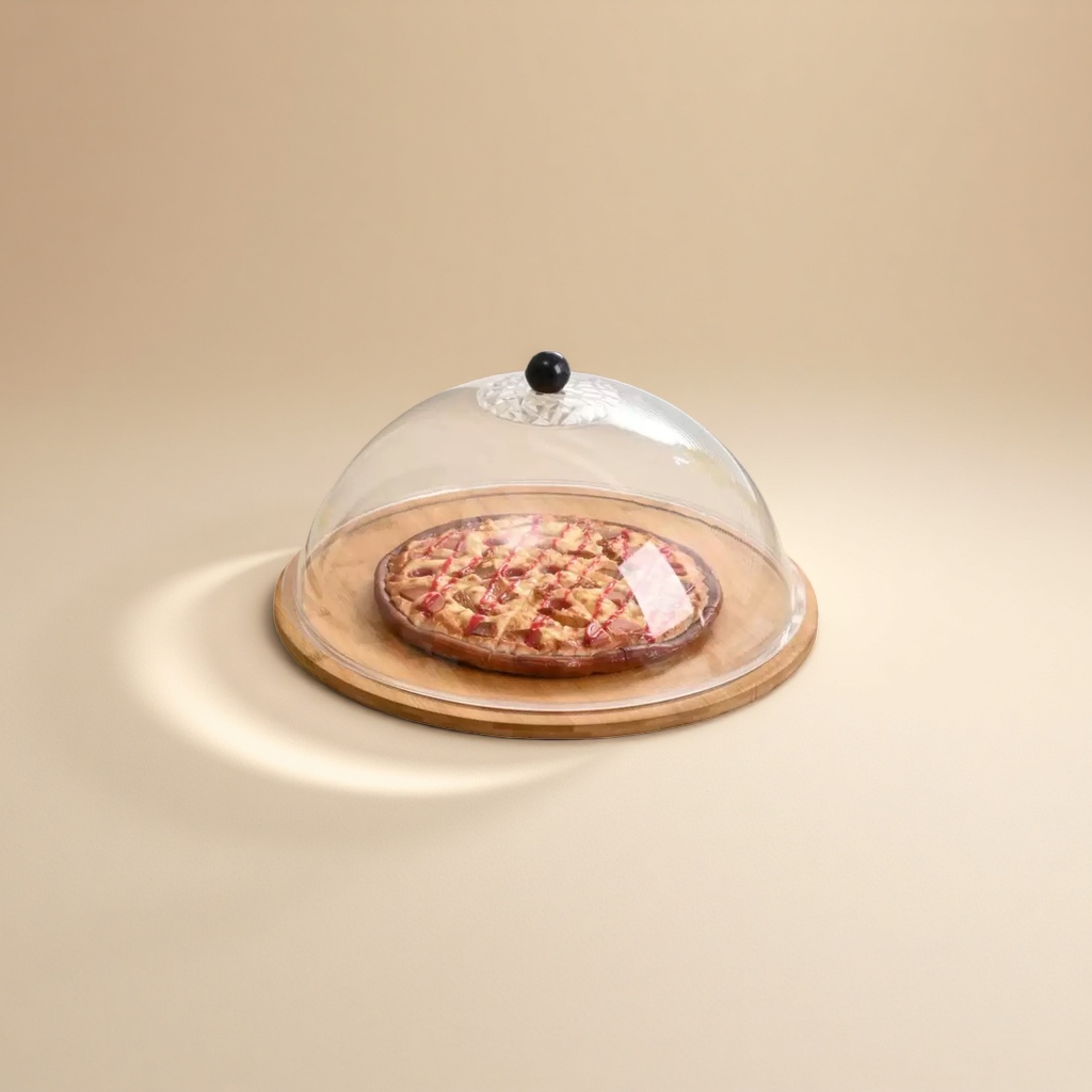 Bamboo and wood bread display plate, dust cover, food and pastry tray with transparent lid, round fruit tasting box