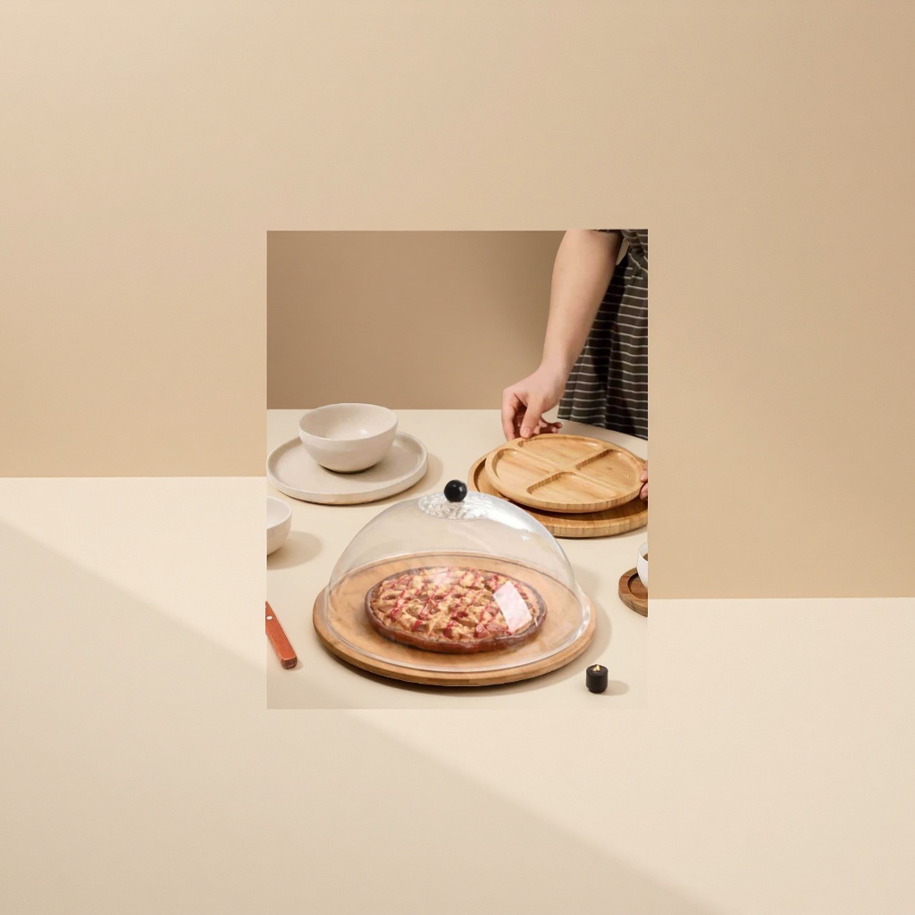 Bamboo and wood bread display plate, dust cover, food and pastry tray with transparent lid, round fruit tasting box Specification image