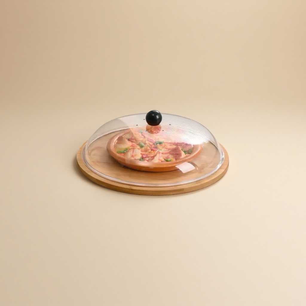 Bamboo and wood bread display plate, dust cover, food and pastry tray with transparent lid, round fruit tasting box details Picture