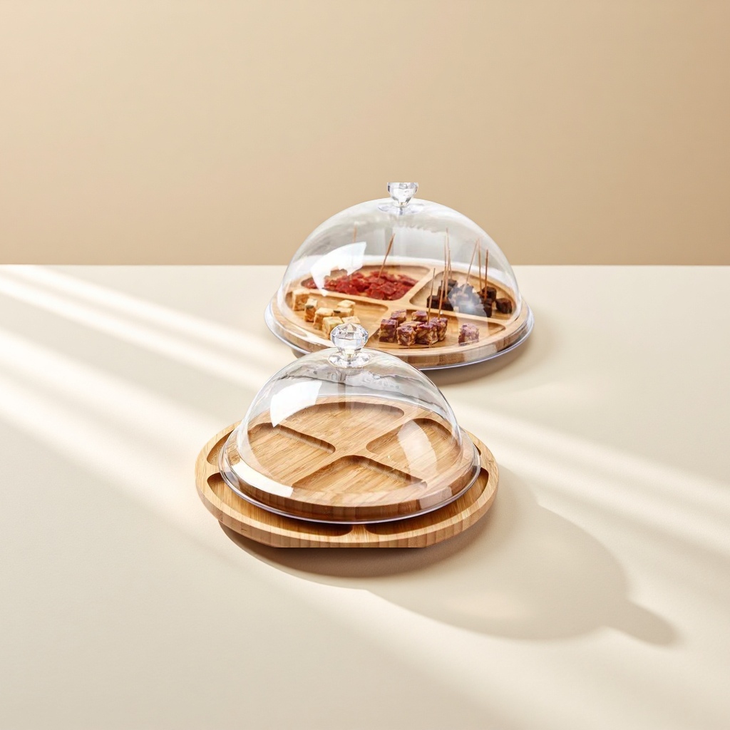 Wooden circular solid wood snack and dried fruit storage tray, compartment-divided food tasting tray, suitable for living room, bedroom and supermarket Specification image
