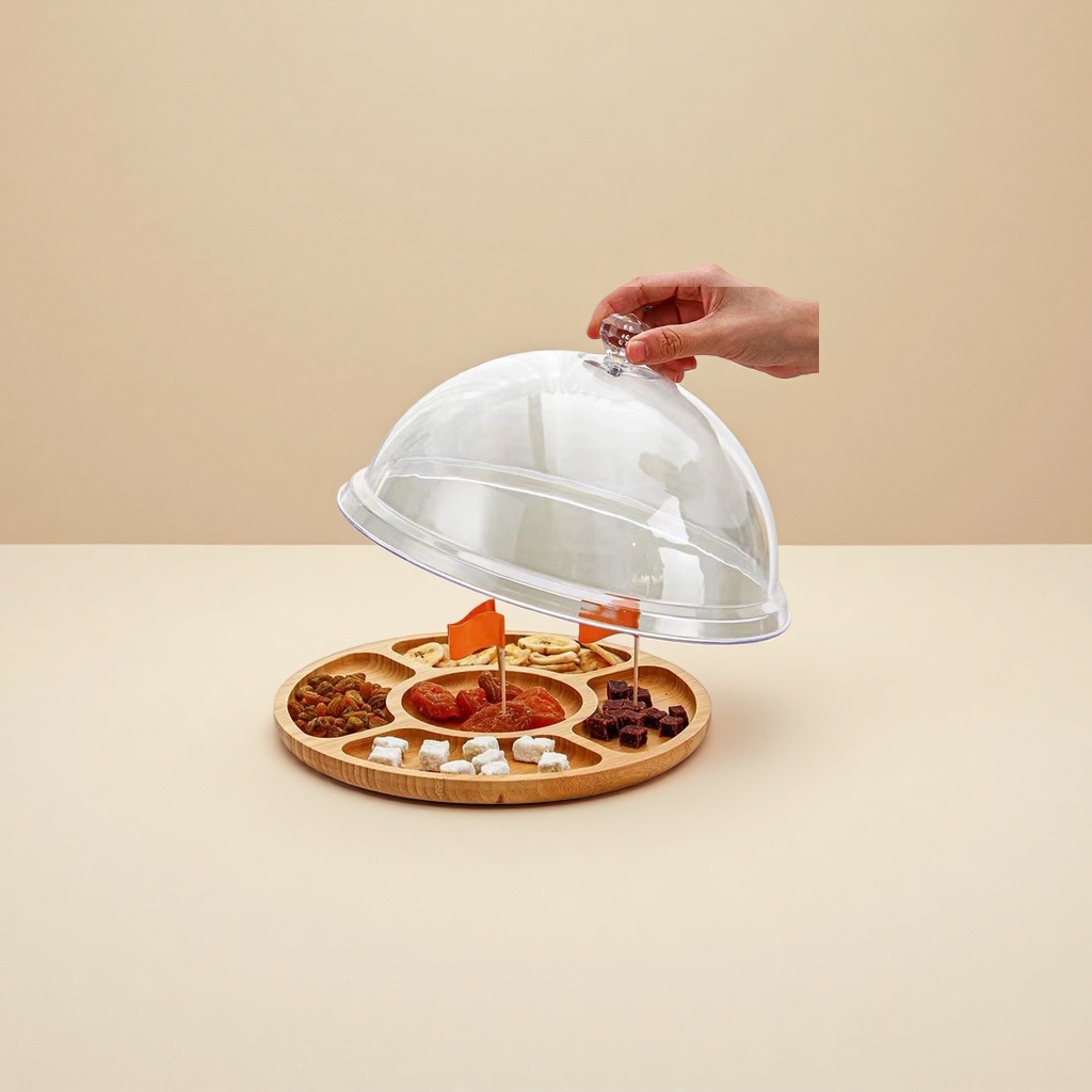Wooden circular solid wood snack and dried fruit storage tray, compartment-divided food tasting tray, suitable for living room, bedroom and supermarket Application Scenario