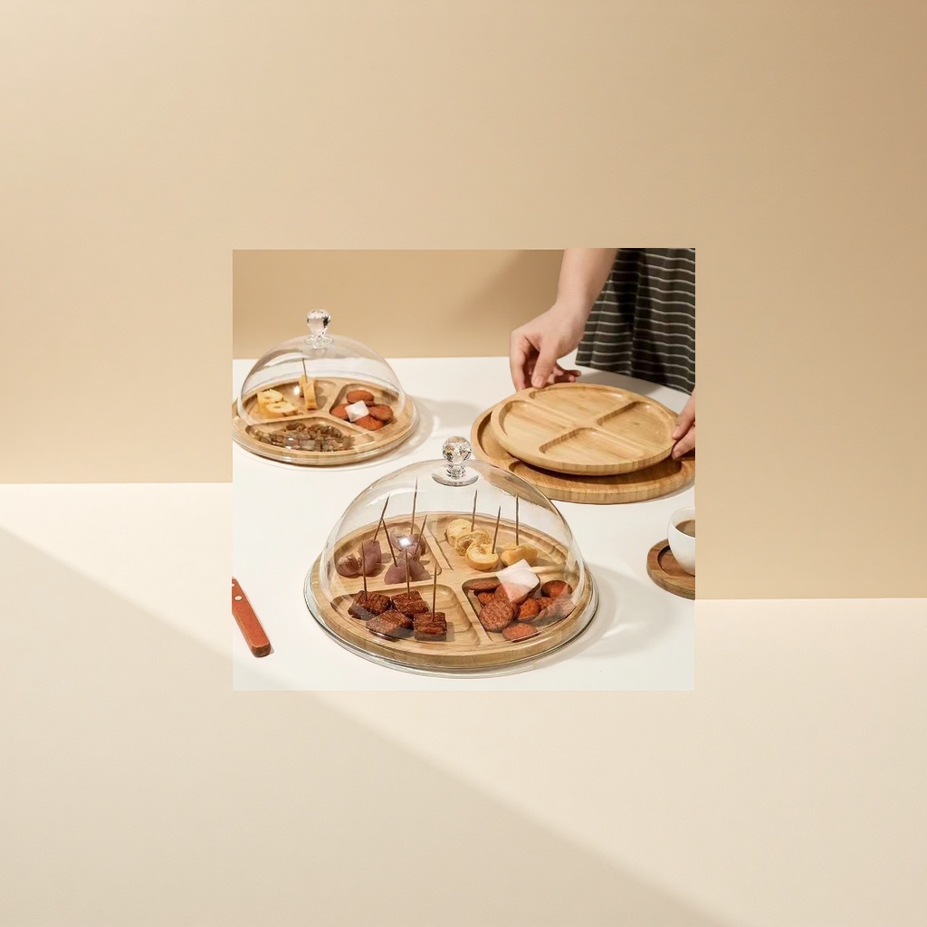 Wooden circular solid wood snack and dried fruit storage tray, compartment-divided food tasting tray, suitable for living room, bedroom and supermarket
