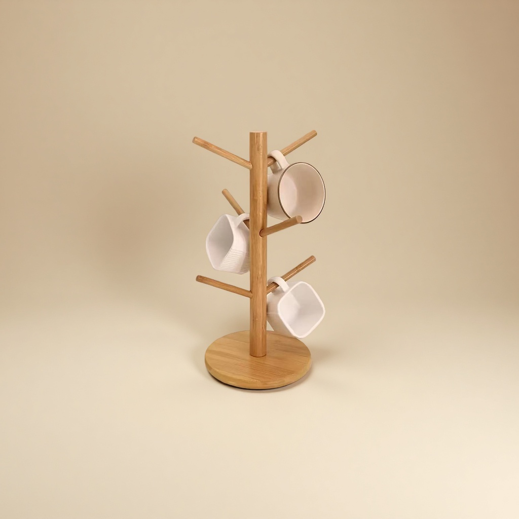 Bamboo and wood tree-shaped mug holder, living room and kitchen cup storage rack, wooden desktop coffee cup storage rack details Picture