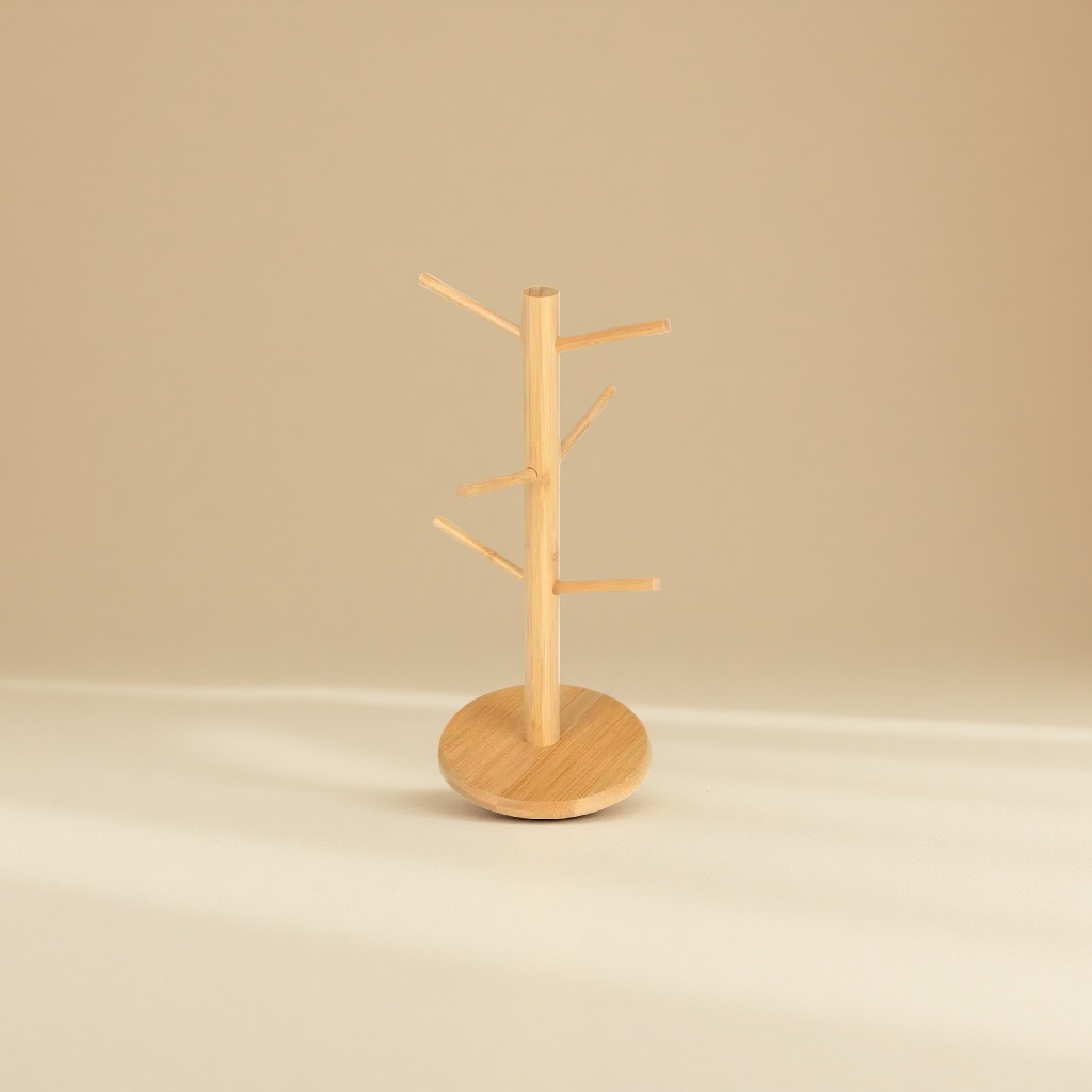 Bamboo and wood tree-shaped mug holder, living room and kitchen cup storage rack, wooden desktop coffee cup storage rack